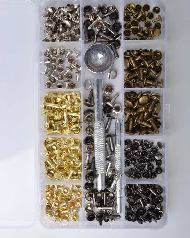 Double Cap Leather Rivets Tubular Metal Studs with Fixing Tools for DIY Leather Craft 180 Sets/Box 201417